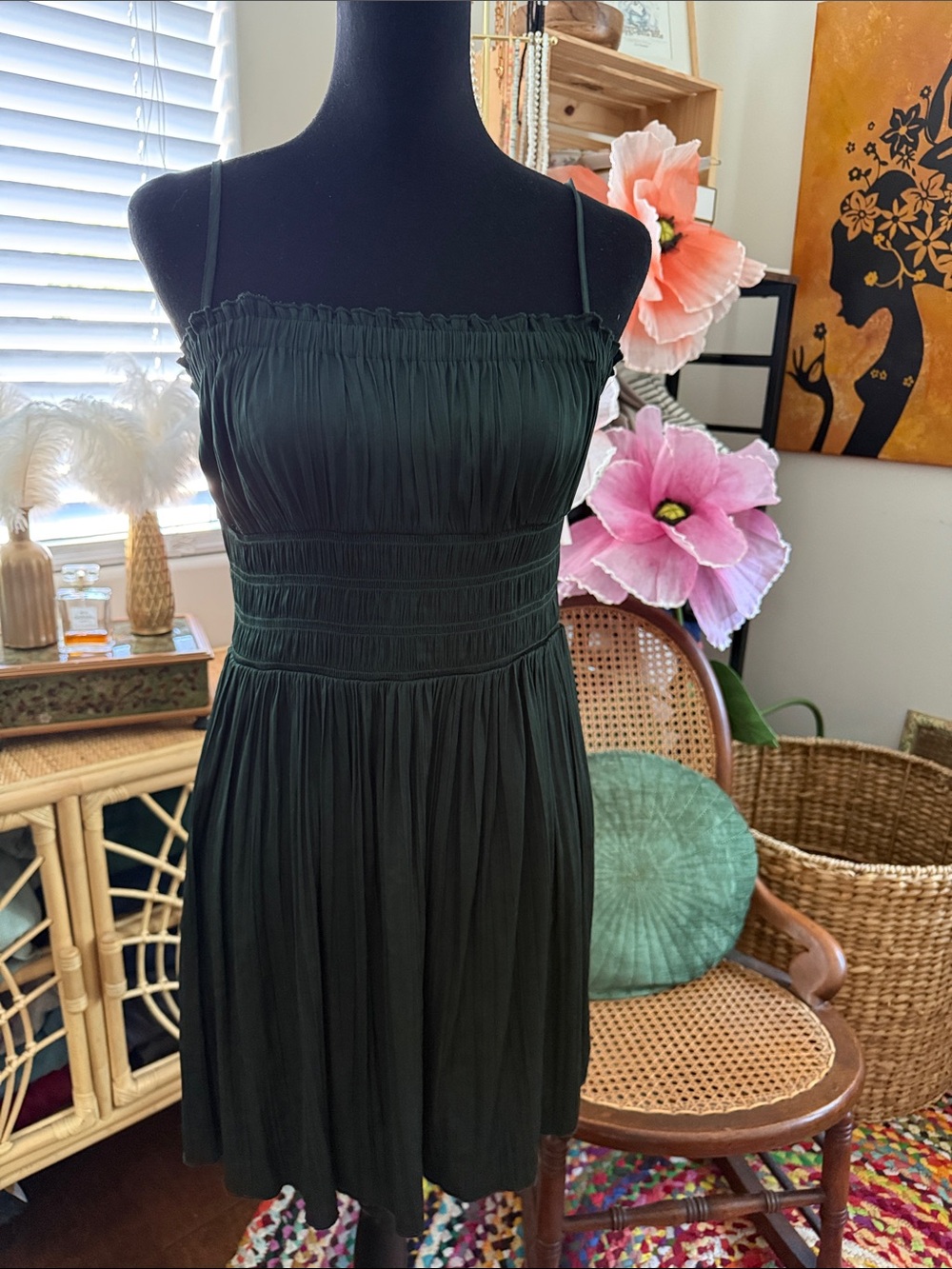 Free People Intimately Hunter Green Satin Ruched Bust Boho Mini Slip Dress